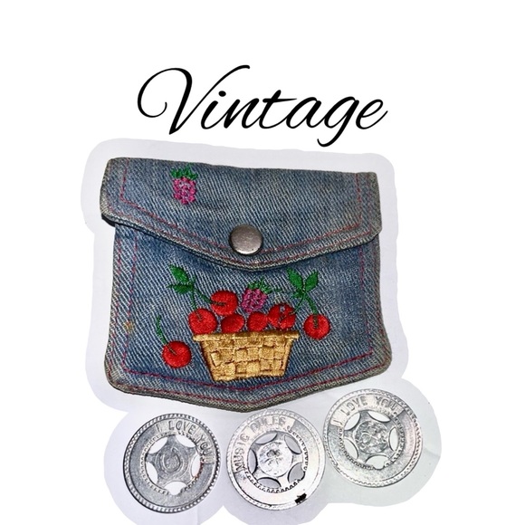 Vintage Handbags - Vintage denim cherry basket coin purse • button pouch • with lucky coins